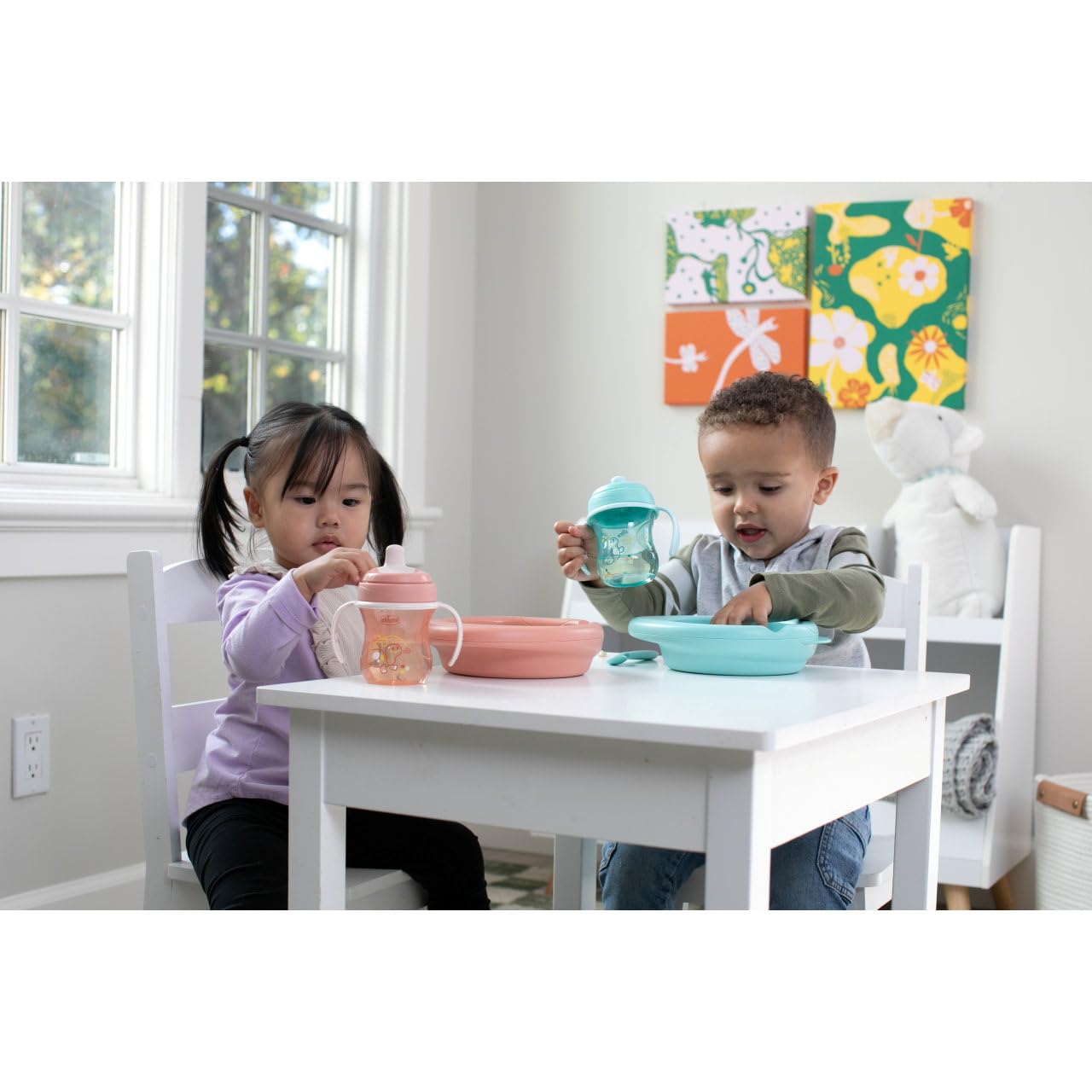 Chicco Training Cup, tasse d'apprentissage en plastique anti-goutte pour un enfant, pour apprendre à boire, bec ergonomique semi-doux, valve et poignées amovibles, 6+ mois, sans BPA, Rose
