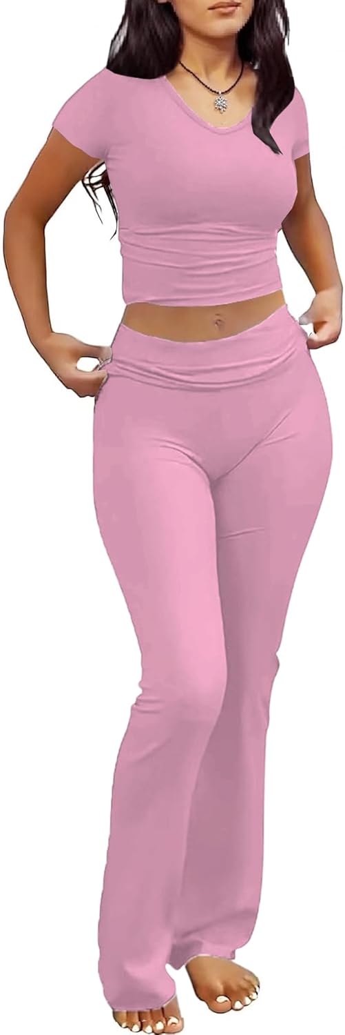 chicyes Lounge Sets for Women 2 Piece Foldover Yoga Flare Leggings Pants Crop Tops Casual Y2K Outfits Matching Tracksuit Set - Image 2