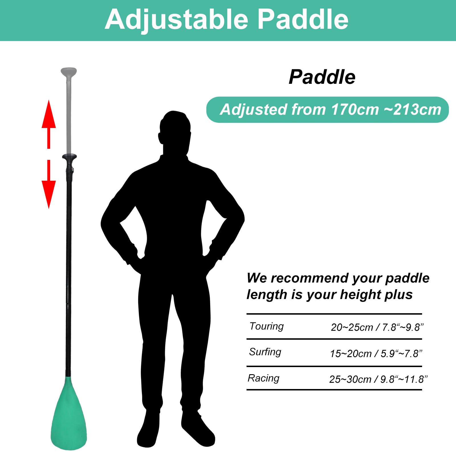 BeGrit Pagaia SUP 2 in 1 per Kayak e Stand Up Paddle Regolabile 170-213 cm Alluminio Lama in Nylon Remo SUP con Effetto Carbonio con Guinzaglio di Sicurezza per Tavola da Surf Canoa SUP Verde