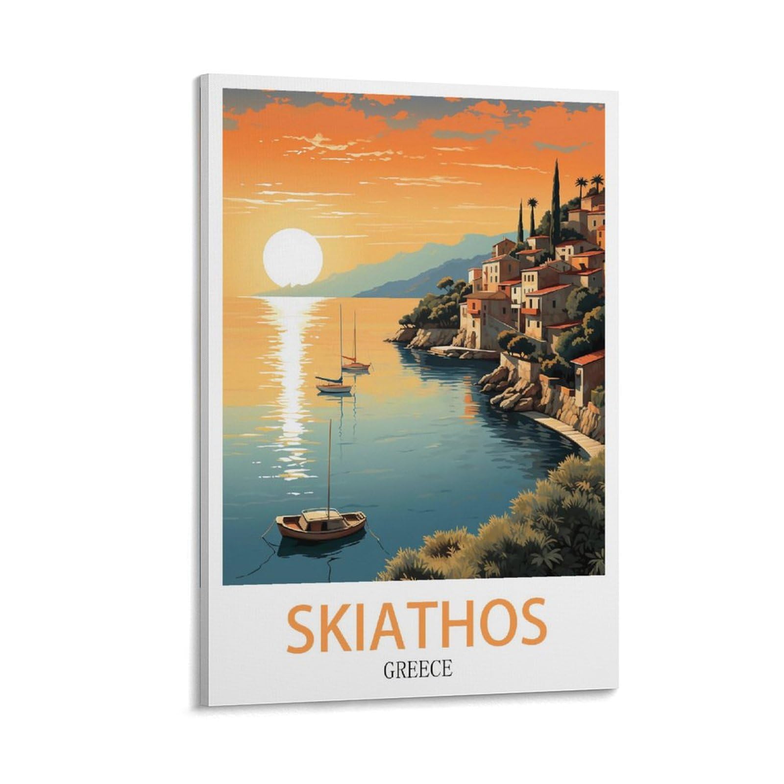 Cnaheiz Frame-Style Skiathos Greece Vintage Travel Poster Sunset 16X24inch(40X60cm) Canvas Wall Art Print Painting For Wall Decor Living Room Bedroom