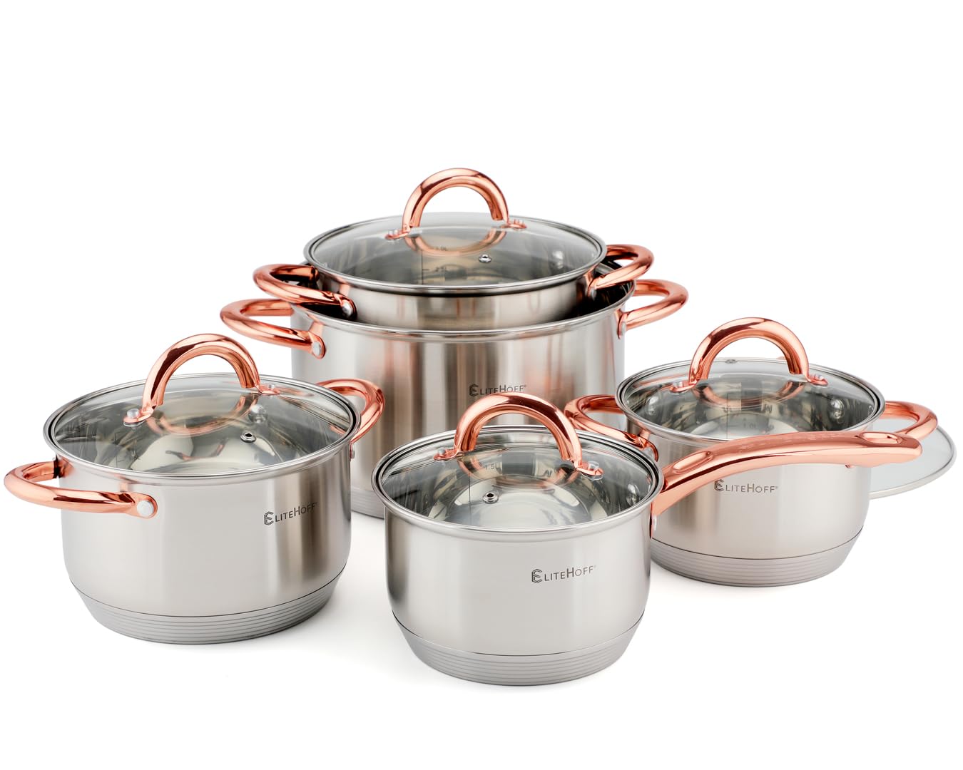 EliteHoff Induction Saucepan Set, 7 Layers Stainless Steel Saucepan Set with Lids, Rose Gold Handles, for All Types of Cookers (10 Pieces)