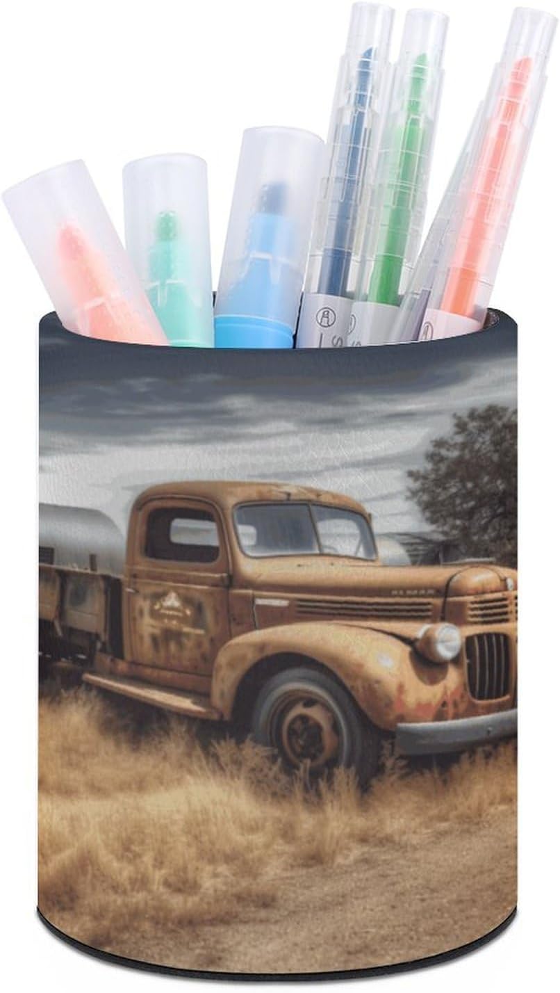 Old Truck Car Round Pen Holder for Desk PU Leather Pencil Holder Cute Pencil Cup Desktop Pen Cup Makeup Brush Storage Organizer Stationery Organizer Supplies for Office