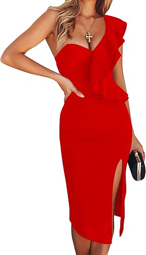 One Shoulder Ruffle Dress Side Split Bodycon Bandage Dress Wedding Guest Dress(R