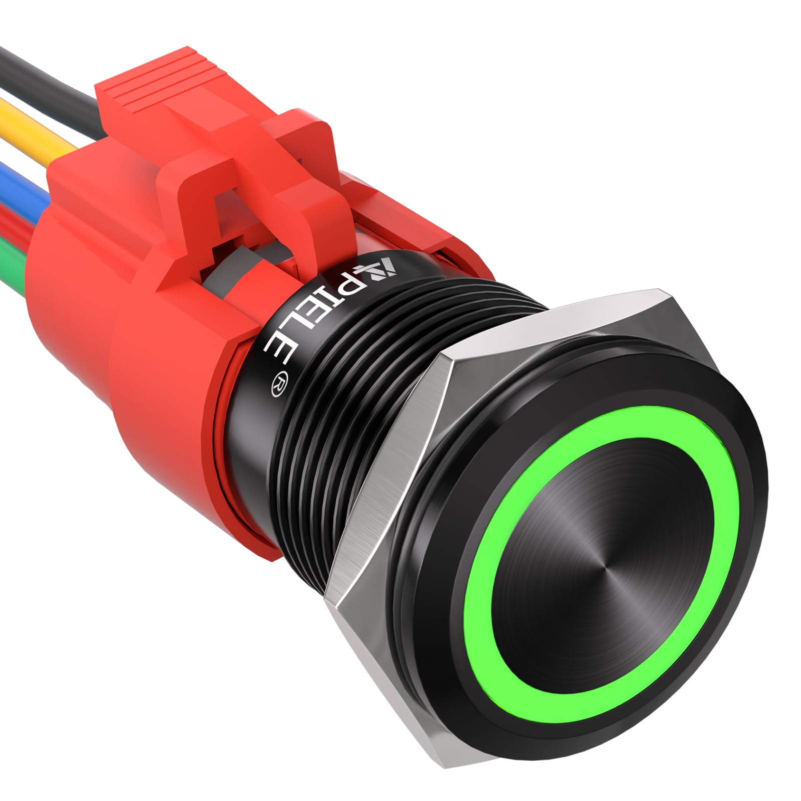 APIELE 19mm Latching Push Button Switch 12V DC Angel Eye Halo Ring LED Metal 0.74" 1NO1NC SPDT with Wire Socket Plug (Green Led/Black Shell)