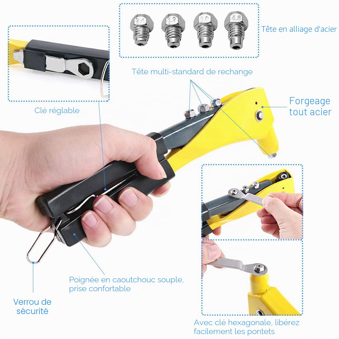 GLARKS Ensemble de riveteuses robustes, assortiment de 210 rivets aveugles en aluminium et un pistolet à rivets pop professionnel pour travaux de tôle, automobile, ferroviaire et conduit (pistolet à