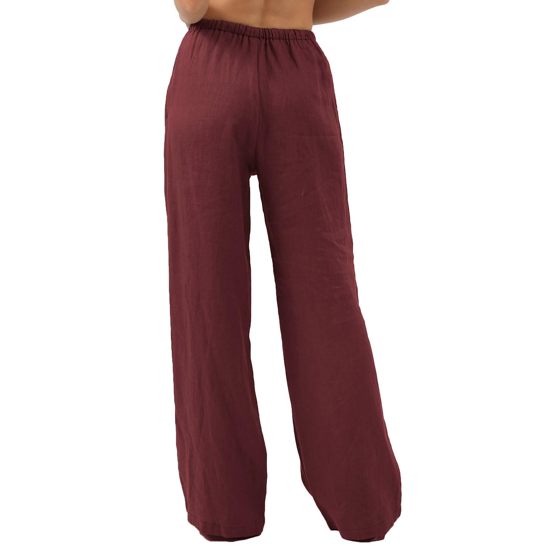Amazhiyu - Pantaloni da donna in puro lino, estivi, vestibilità ampia, casual, a gamba larga, con tasche