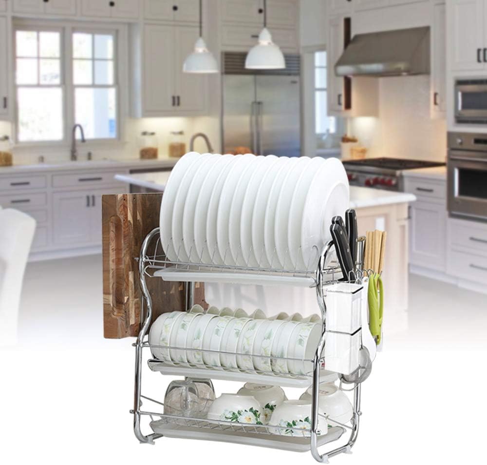 Crownshop White 3 Tier Dish Drainer Rack With Drip Tray Stainless Steel Dish Drying Rack With Chopstick Holder Drainboard Chopsticks Knives Cutting Board Holder For Kitchen