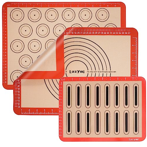 Lazymi 3 Pièces Tapis de Cuisson en Silicone, Anti-Adhérent Feuille de Cuisson Patisserie avec Mesures, Tapis de Four en Silicone pour Macaron/Biscuit/Pâte,...