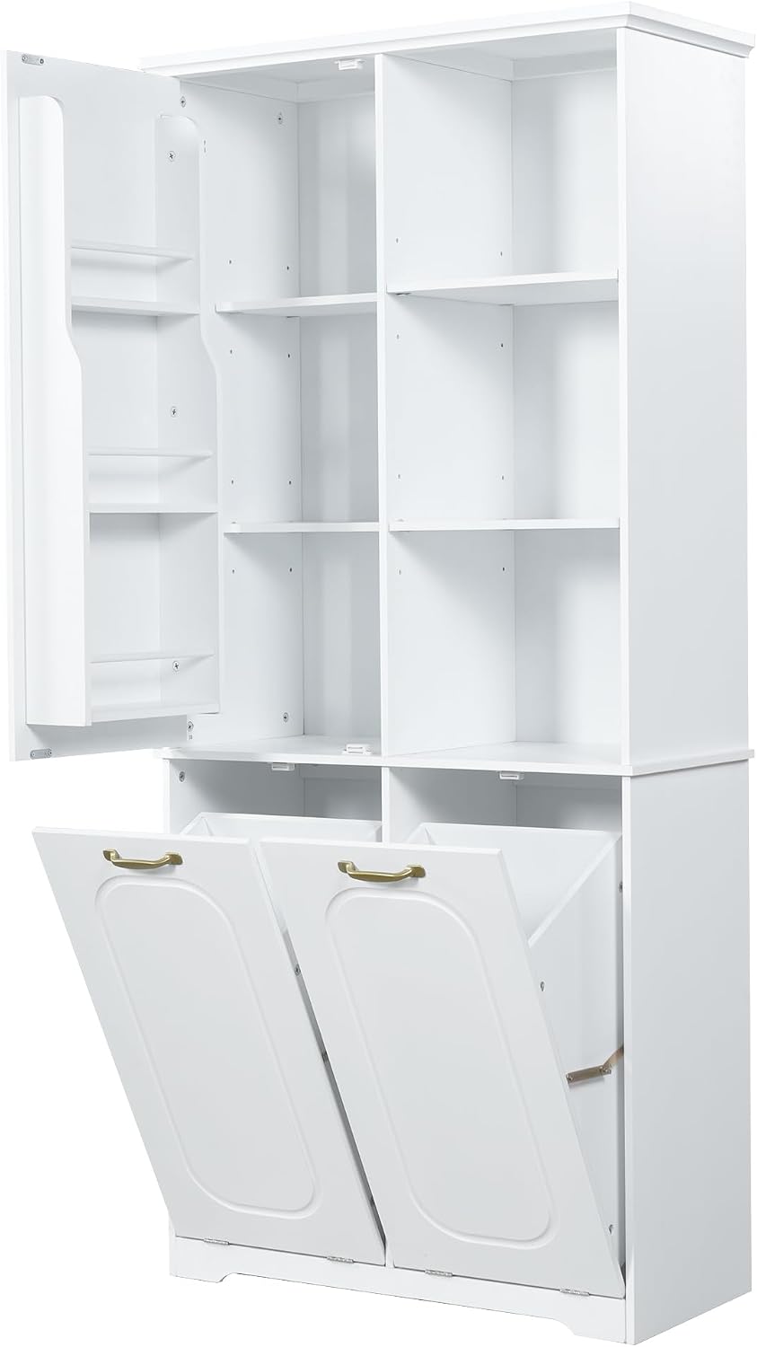 Christopher Knight Home Cade 68" MDF Tall Storage Cabinet with 2 Tilt-Out Laundry Hampers, Modern Laundry Room Bathroom Cabinet with Doors and Adjustable Shelves, Spaciou Storage Organizer, White