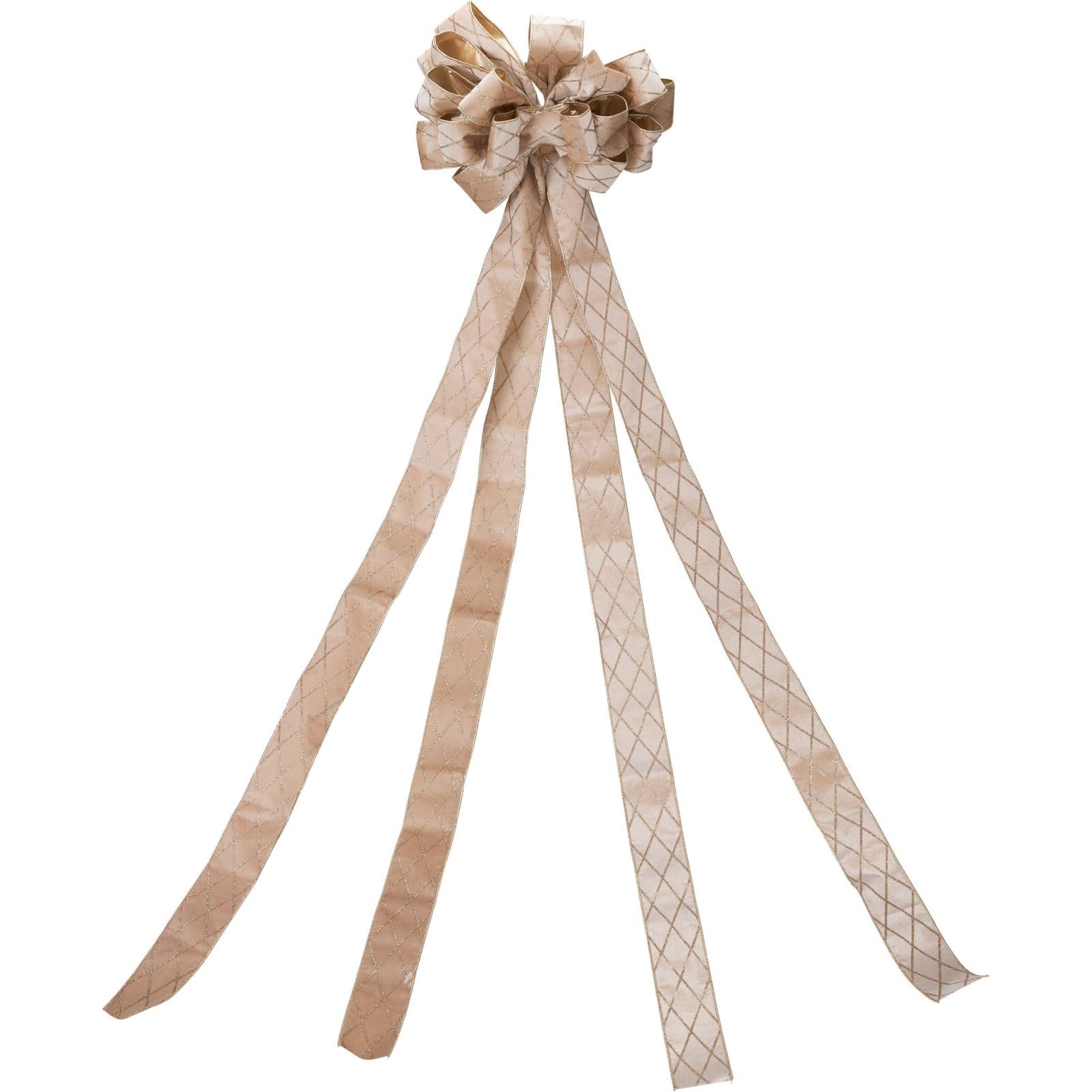 Carousel Home Champagne Gold Velveteen Tree Top Bow with Long Streamers | Fabric Christmas Tree Topper Gold Glitter Diamond Check | Christmas Tree Decoration - 130 x 33cm