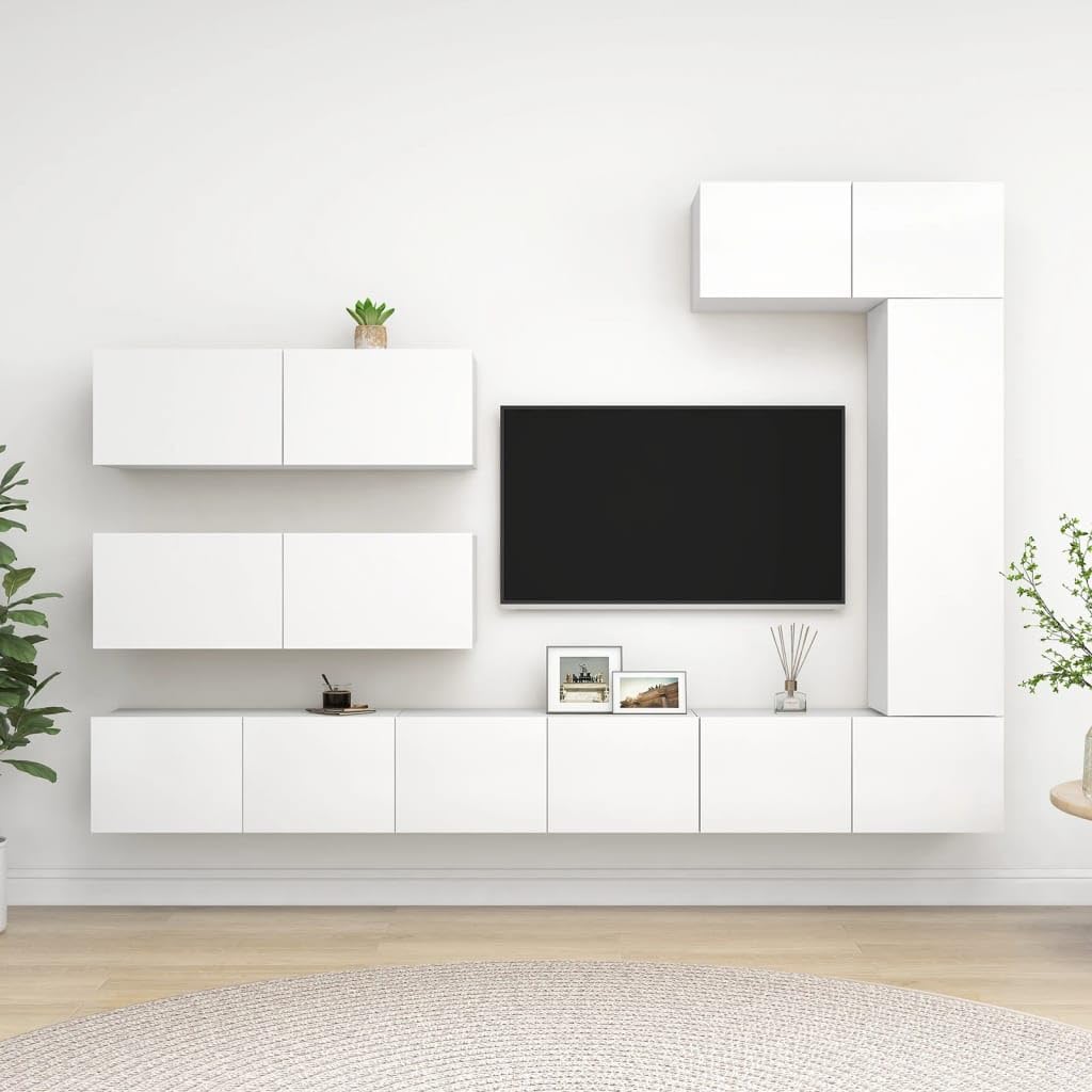 7-TLG. TV-Schrank-Set Weiß, Holzwerkstoff, Modernes Media-Center, Wandmontage, Stauraum für Wohnzimmer, Schlafzimmer, 80x30x30 cm