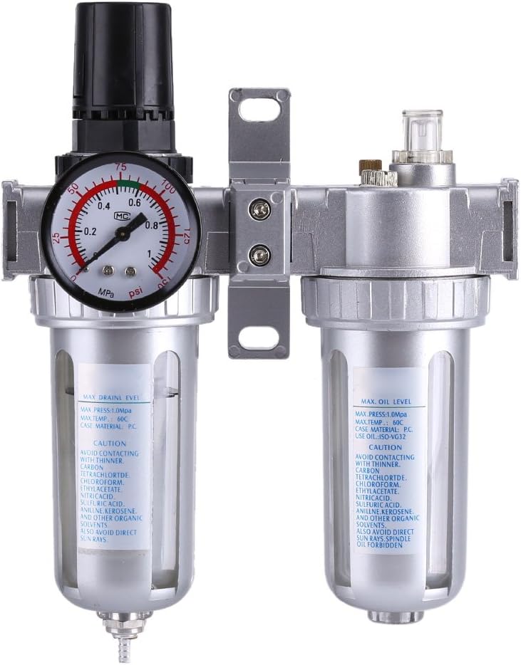 Air Regulator Filter with Gauge, SFC300 3/8'' Aluminum Alloy Compressed Air Pressure Regulator Compressor, Oil-Water Trap Separator Moisture Lubricator Trap Water Filter Cleaner Tool(Silver)