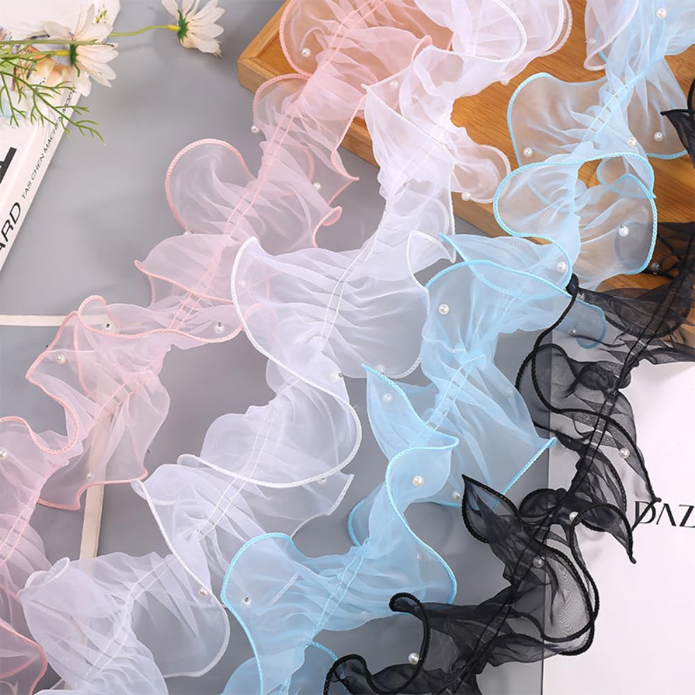 Wambere 20m x 11cm Organza Rüschenband mit Perlen,Spitzen Borten Bänder Spitzenband Spitzenbordüre Spitzenbesatz Spitzenborte Zierband Dekoband für DIY Basteln Nähen Kleidungsdekoration,Grün