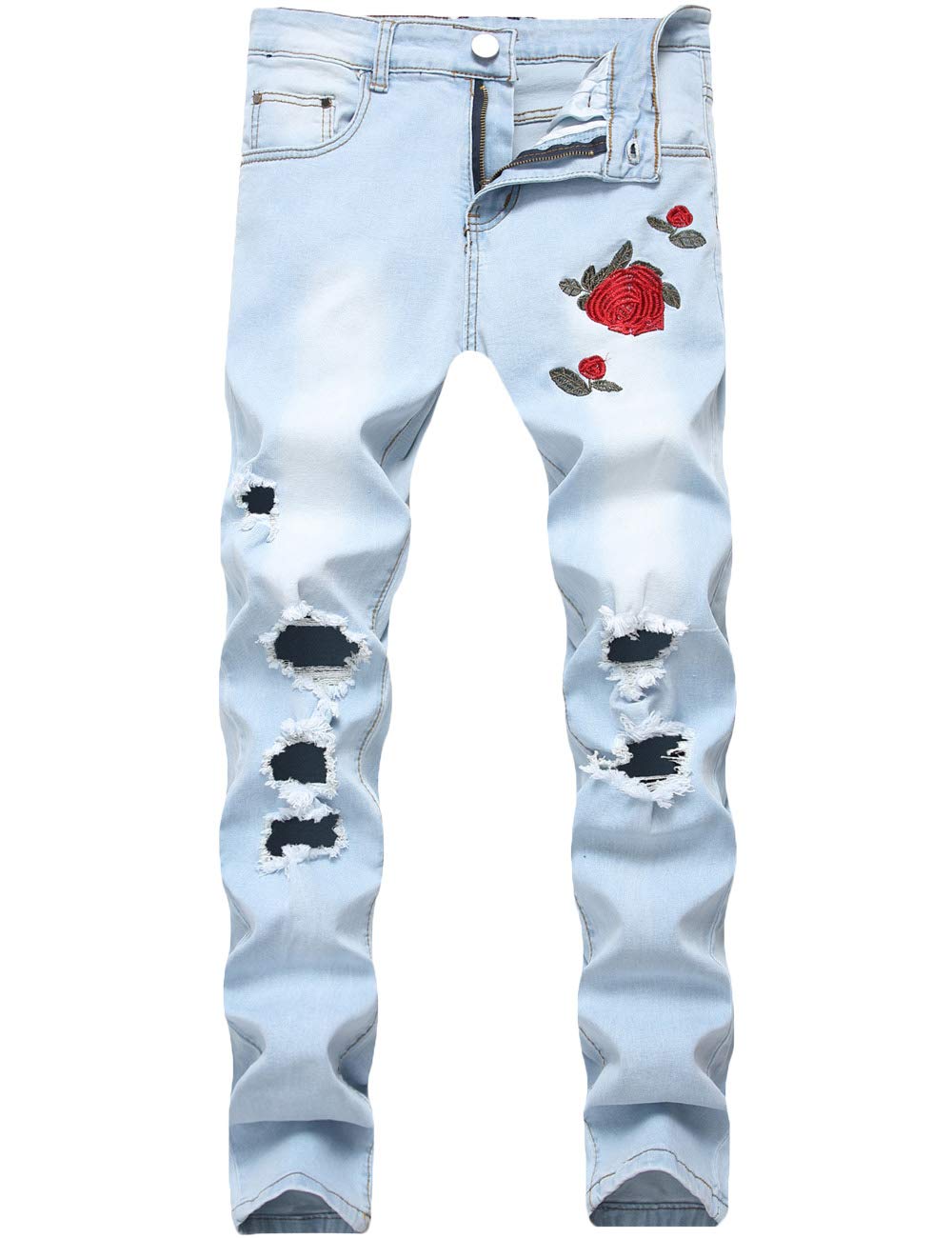 Nutriangee Mens Floral Jeans Ripped Skinny Distressed Destroyed Slim Fit Stretch Rose Embroidered Pants