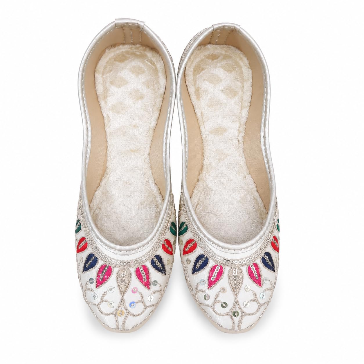 Women's Handcrafted Embroidered Ethnic Jutti Flats | Multicolor Leaf Embroidery & Sequin Work | Soft Cushioned Traditional Mojari Footwear for Wedding, Festive, Party & Casual Wear | Ivory White-image-13