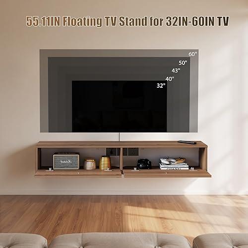 Miniatura 5 de Estante flotante de madera maciza para TV, armario de TV montado en la pared de 55 pulgadas, estantes flotantes con 2 puertas, centro de consola