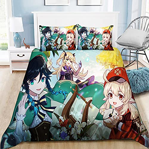 Genshin Impact Bedding Set 3pcs Anime Duvet Cover Set for Girls Boys Kids Teenage Anime Fans-1 Quilt Cover + 2 Pillowcases (No Comforter)