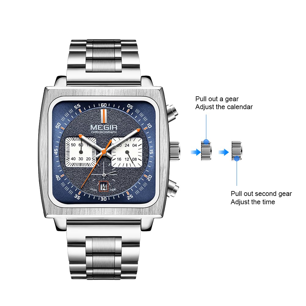 MEGIR Herren Rechteck Business Arbeit Analog Quarz Chronograph Leuchtende Sport Armbanduhr mit Leder/Edelstahl Armband 2182G, silber, blau, Geschäftsarbeit