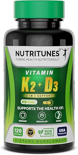 Vitamina K2 + D3 (120 cápsulas blandas) Suplemento de vitamina D3 K2 Apoya la salud cardiovascular y ósea Sin OMG Sin alérgenos 120 cápsulas