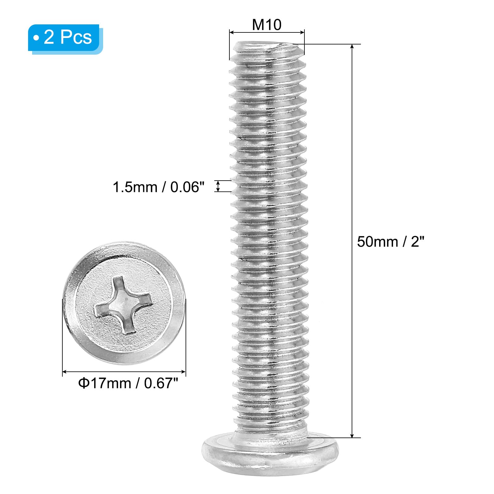 PATIKIL Flat Round Head Phillips Screws, 2 Pack M10-1.5 x 50mm Binding Screws 304 Stainless Steel 18-8 Full Thread - Image 2