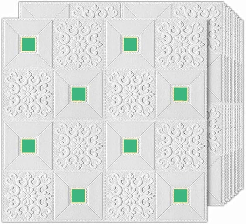 3D Decorative Wall Panels, White with Green Accent, Embossed Floral Pattern, Self-Adhesive Wall Tiles (1)