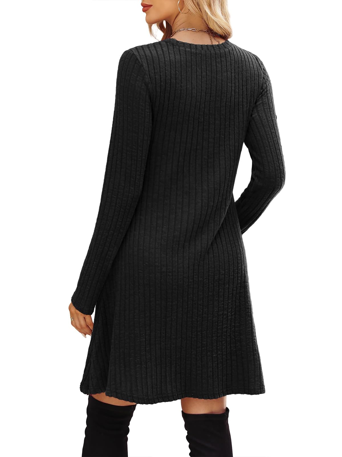 LIAMERHE Damen Elegant Kleid Langarm Rundhals Casual Strickkleid A-Linie Herbstkleid Vertikale Streifen Pulloverkleid Freizeitkleider Winter Kleid Partykleid mit Taschen