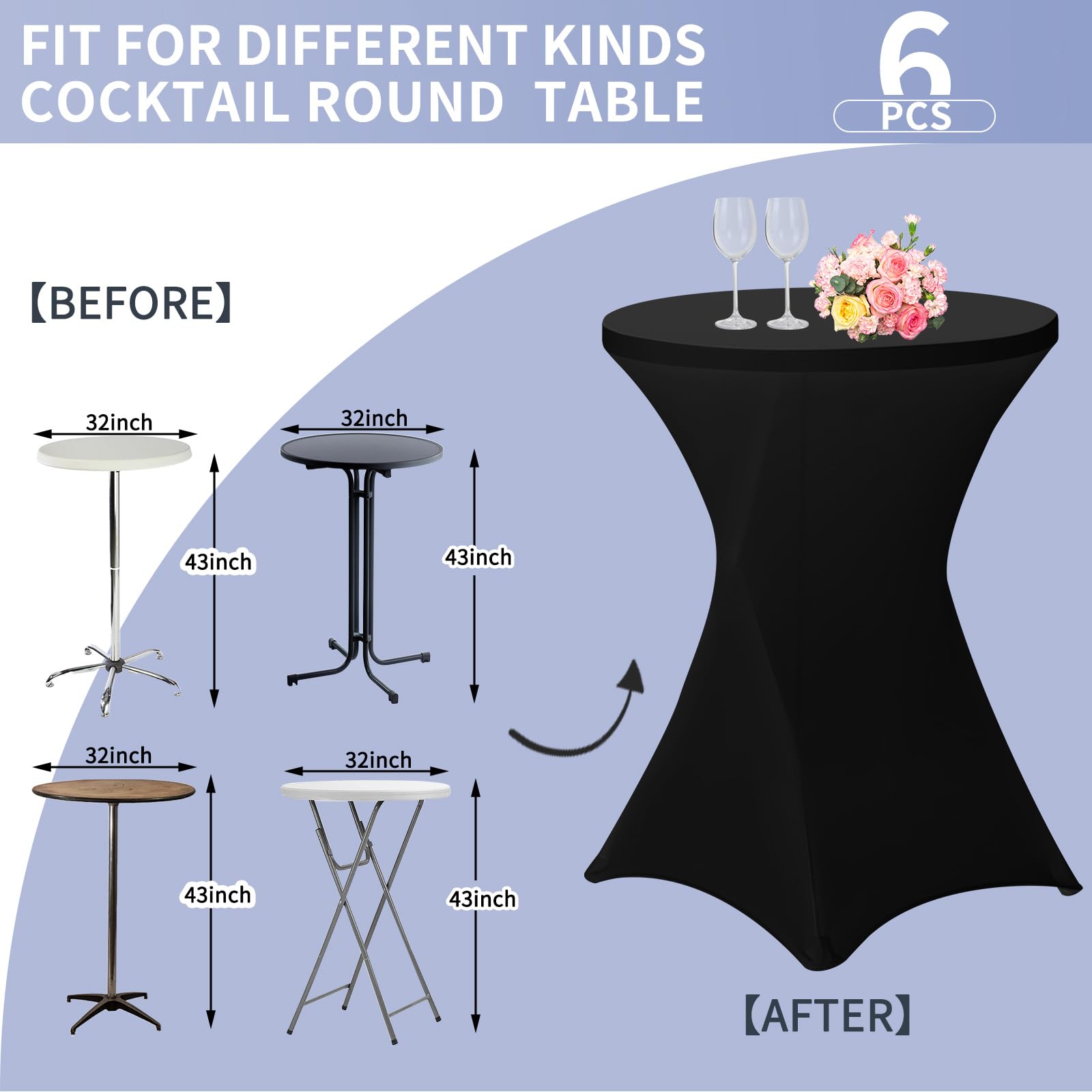 Paquete de 6 manteles de elastano elástico con esquinas cuadradas de 32 x 43 pulgadas, mantel de cóctel de elastano negro, para bar, boda, cóctel, fiesta, banquete