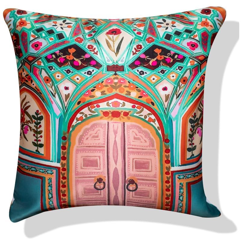 Image of Decorative Satin Sofa Cushion Covers Set of 5, 16 x 16 Inches, Multicolor Floral Printed Pillow Covers for Living Room, Bedroom, Couch & Sofa, Soft Glossy Fabric, Zipper Closure