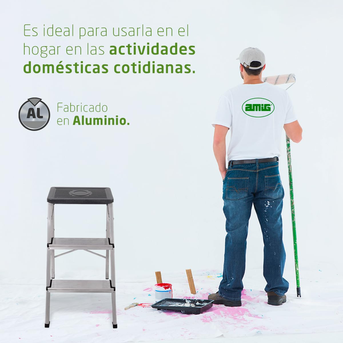 Amig - Escalera Plegable Pequeña de 3 Peldaños - Taburete con Escalones Antideslizantes - Peso Máximo 150 kg - Aluminio - Fácil de Almacenar
