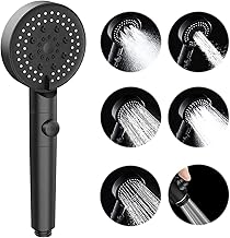 GEFIRE Pommeau de Douche à Main Haute Pression à 5 Modes avec Interrupteur de Pause Marche/Arrêt, Pommeau de Douche, Buses Anti-obstruction, Pulvérisateur de Pommeau de Douche à Main (Noir)