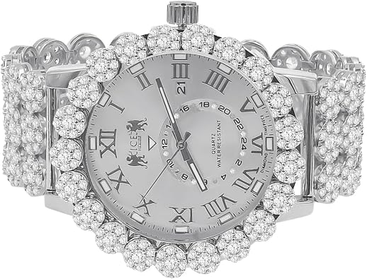 Roman Numerals Dial Face Men's 14K Gold Finish VVS1/D 24.55 Ctw. Simulated Diamond 5 ATM Water Resistant Customized Flower Bezel Band Luxury Watch Analog Big 52mm Date Function