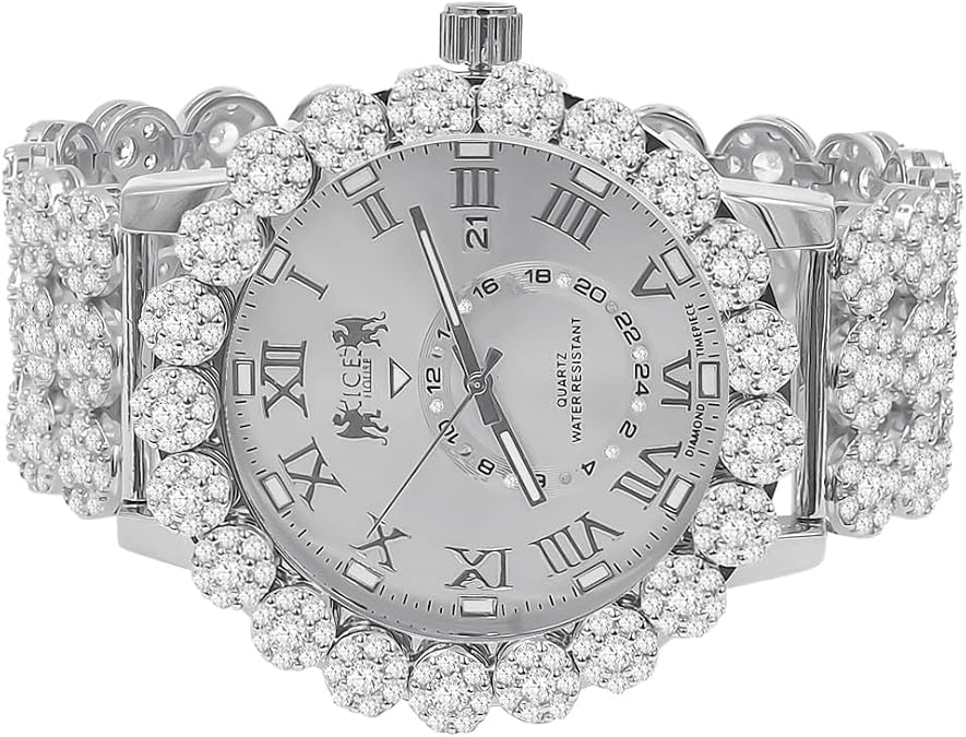 Roman Numerals Dial Face Men's 14K Gold Finish VVS1/D 24.55 Ctw. Simulated Diamond 5 ATM Water Resistant Customized Flower Bezel Band Luxury Watch Analog Big 52mm Date Function