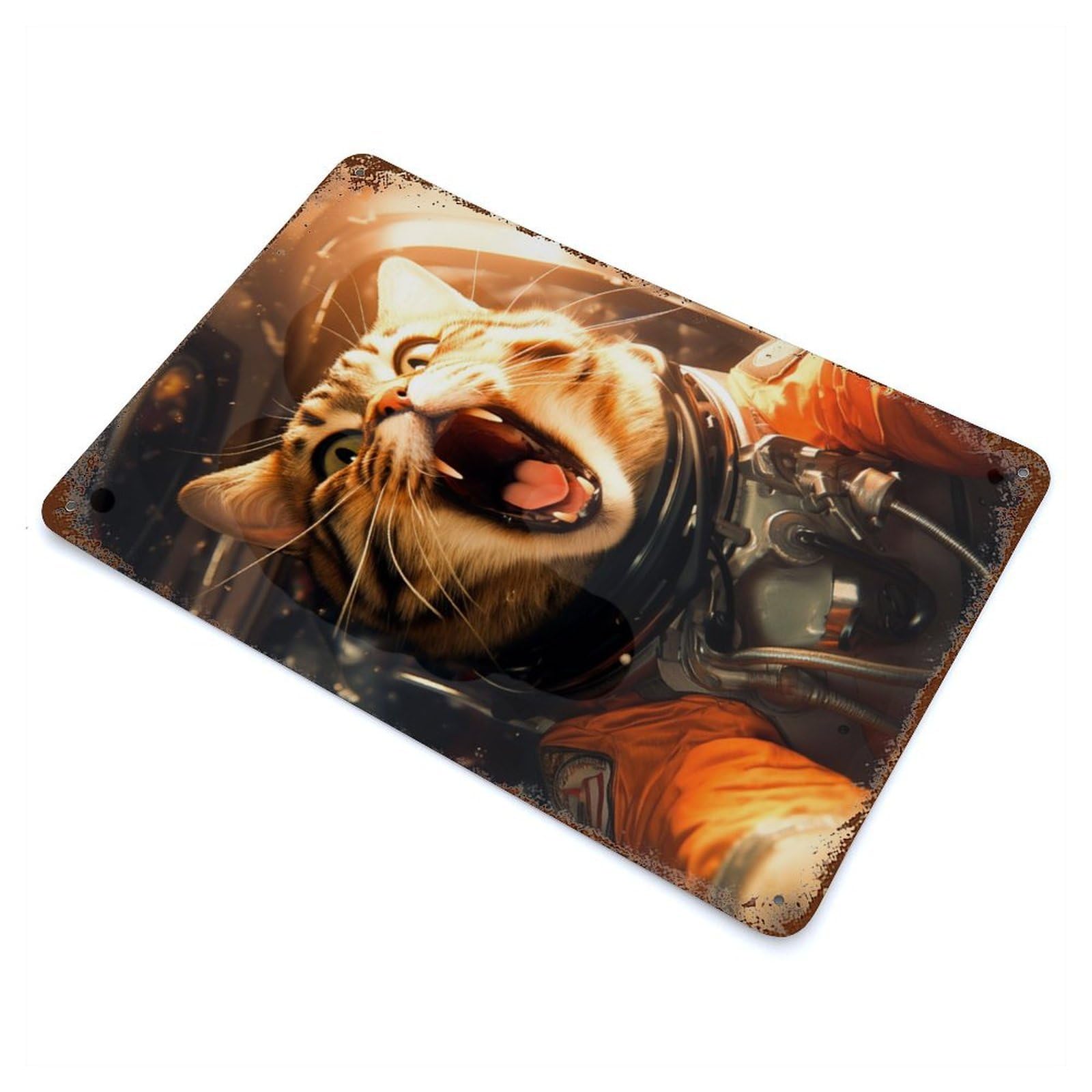 Cat Lost in Space 11.8"x7.9" Retro Metal Sign, Industrial Home Decor for Office, Studio And Wall Decor