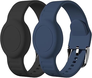 for AirTag Bracelet for Kids, Waterproof Cute Print for Air tag Holder for Kids with Soft Silicone Full Coverage Anti-Lost Hidden for Airtag Wristband Accessories for Child, Black/Blue