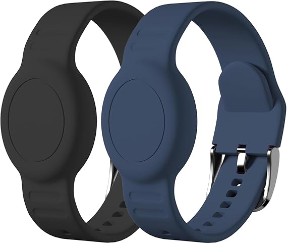for AirTag Bracelet for Kids, Waterproof Cute Print for Air tag Holder for Kids with Soft Silicone Full Coverage Anti-Lost Hidden for Airtag Wristband Accessories for Child, Black/Blue