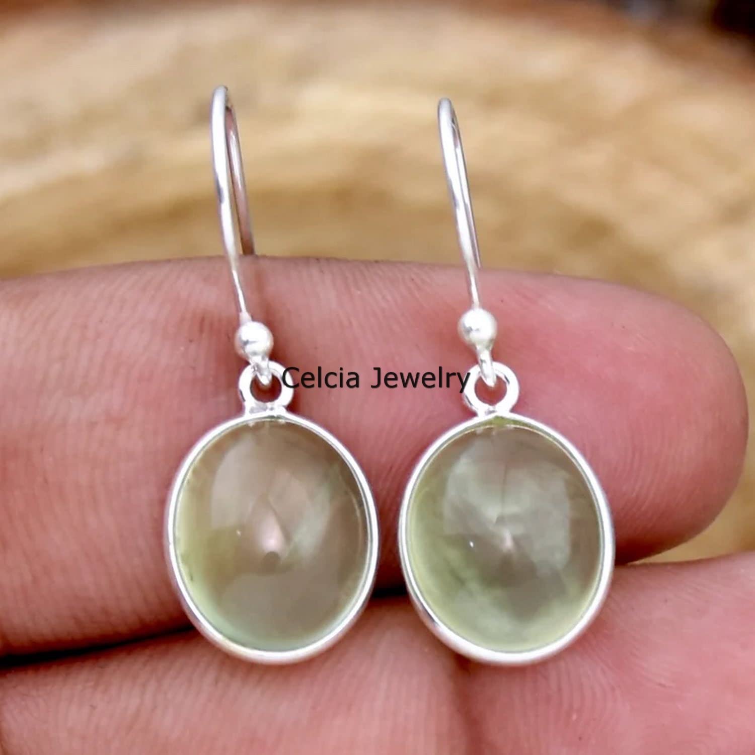 Pendientes de lágrima colgantes de plata de ley 925 maciza para mujer, pendientes delicados de piedras preciosas de prehnita natural, hermosos pendientes hechos a mano
