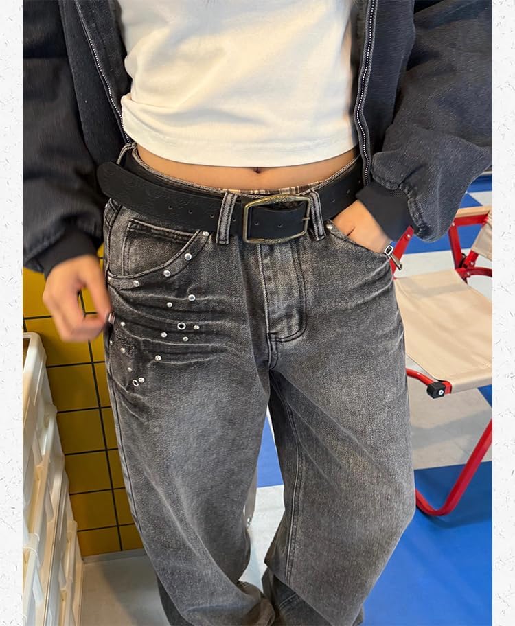 EMMIOL Cool Y2K Belt Women Black bb Belt Silver Buckle Oval D Ring Star Belts Trendy Streetwear Punk for Jeans - Image 5