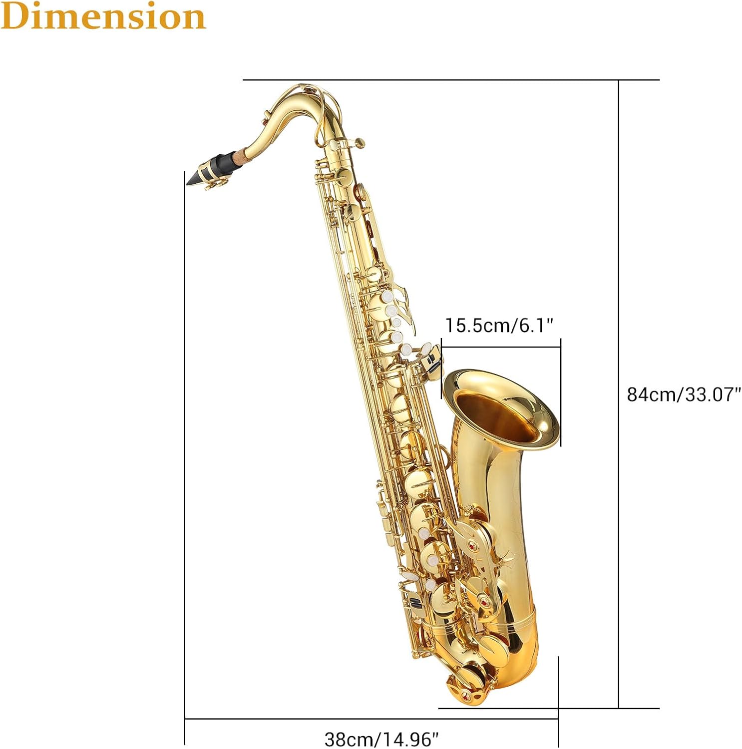 Complete Bb Tenor Saxophone Beginner Kit: Gold Lacquer Student Sax with Case, Reeds, Tuner, Neck Strap & Deluxe Cleaning Accessories - Ready for School Band