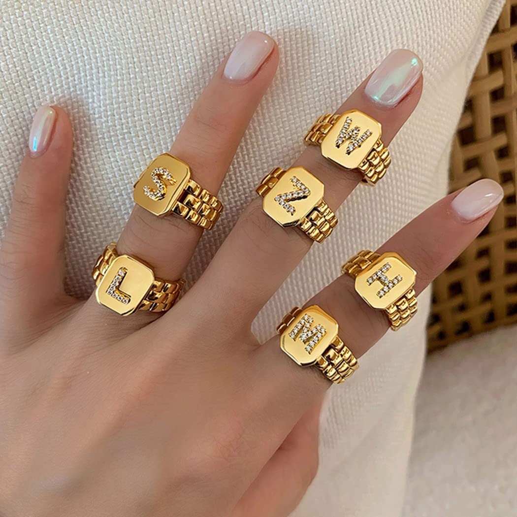 Anillos con Inicial para Mujer, Anillo con Letra Inicial de Oro Grueso para Adolescentes y niñas, Anillos Ajustables con Alfabeto AZ para Mujeres y niñas, joyería chapada en Oro de 18 Quilates