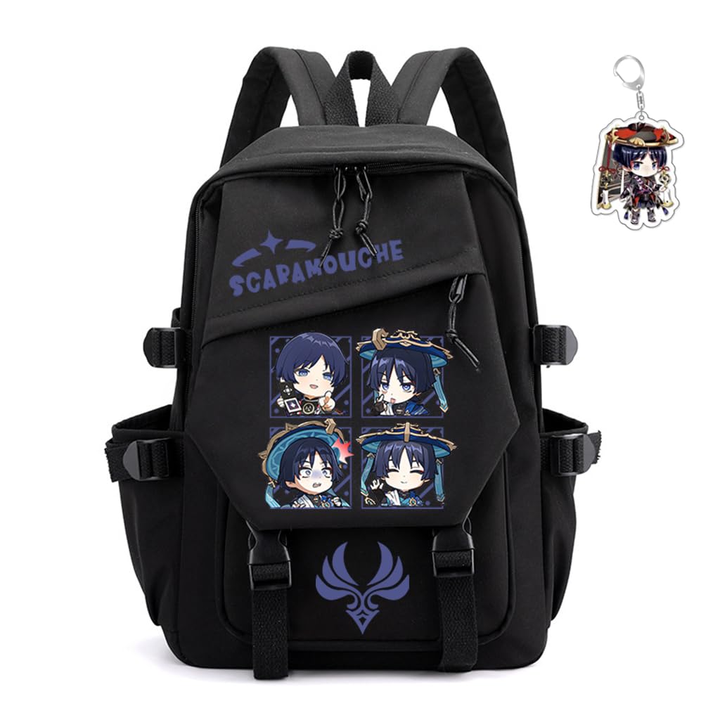 SodaMeow Anime Backpack Unisex Women Men Rucksack Furina Xiao Scaramouche Kawaii Backpack, Free Keychain (Black-Scaramouche)