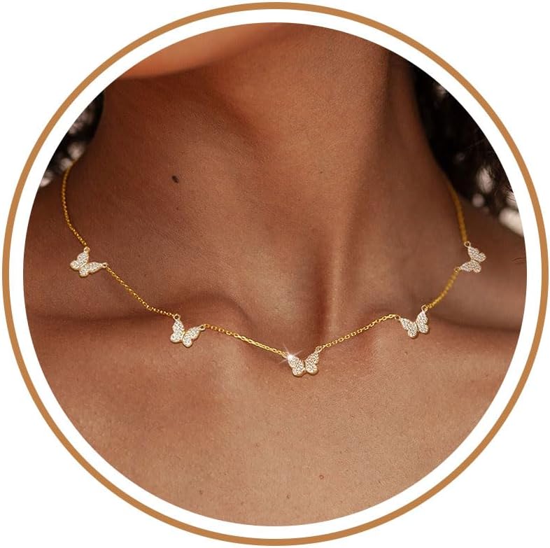 Dainty Silver Gold Necklaces for Women Trendy Non Tarnish 14K Gold Plated Cubic Zirconia Necklace Layered Cute Butterfly Heart Station Choker Necklace Stack for Wedding Prom Brides Jewelry