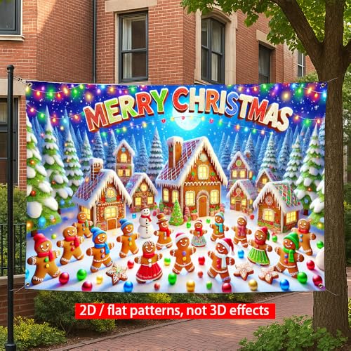 Image of Christmas Banner 71x43 Inch Gingerbread Village Snow Tree and Light String Scene Festive Holiday Backdrop Warm Seasonal Decoration for Indoor Outdoor Celebration Party Display