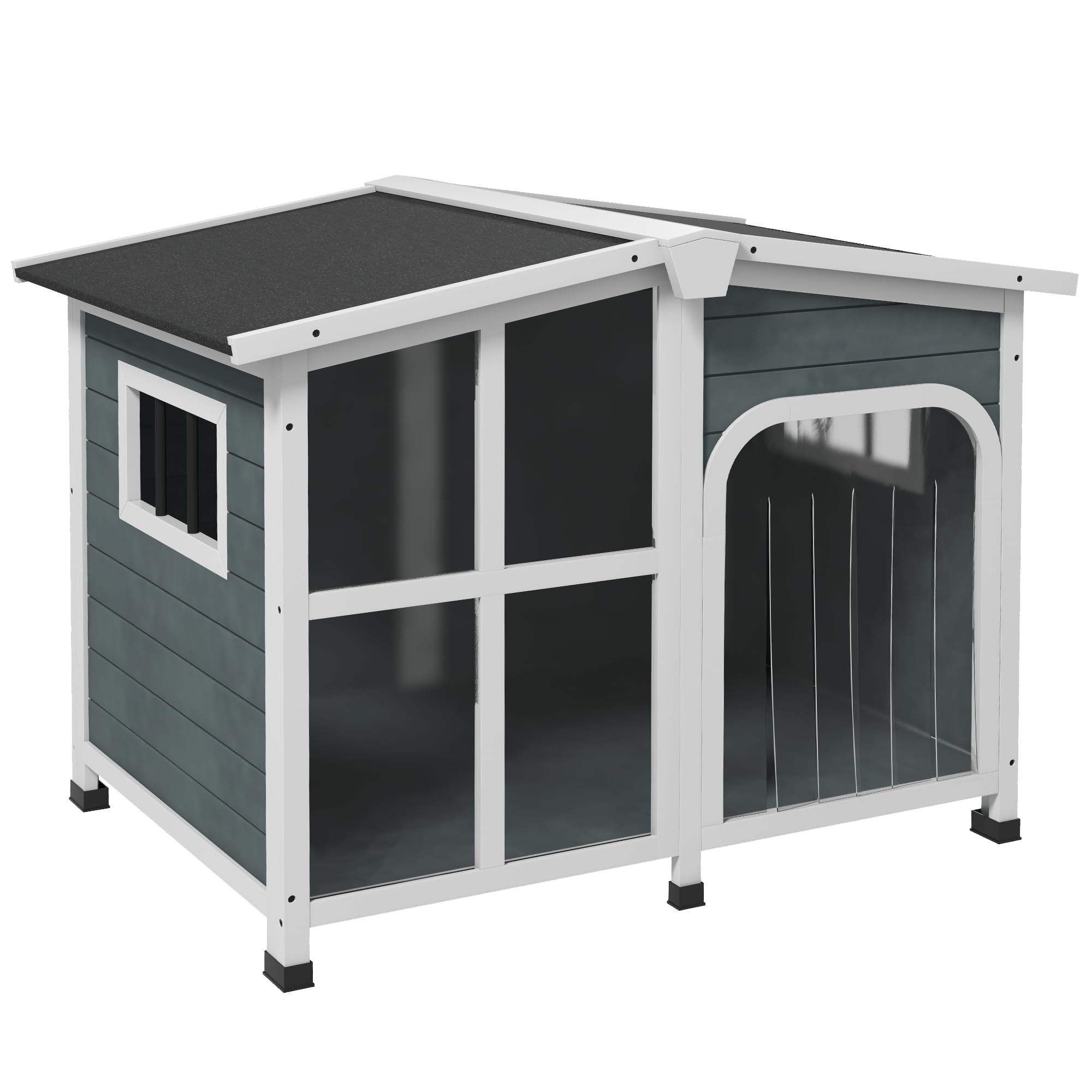 PawHut Caseta para Perros de Madera, Casa para Perros Pequeños, con Techo Abatible, Puerta con Cortina, Fondo Desmontable, y Frontal de Acrílico 101x66,5x70,5 cm Gris Oscuro