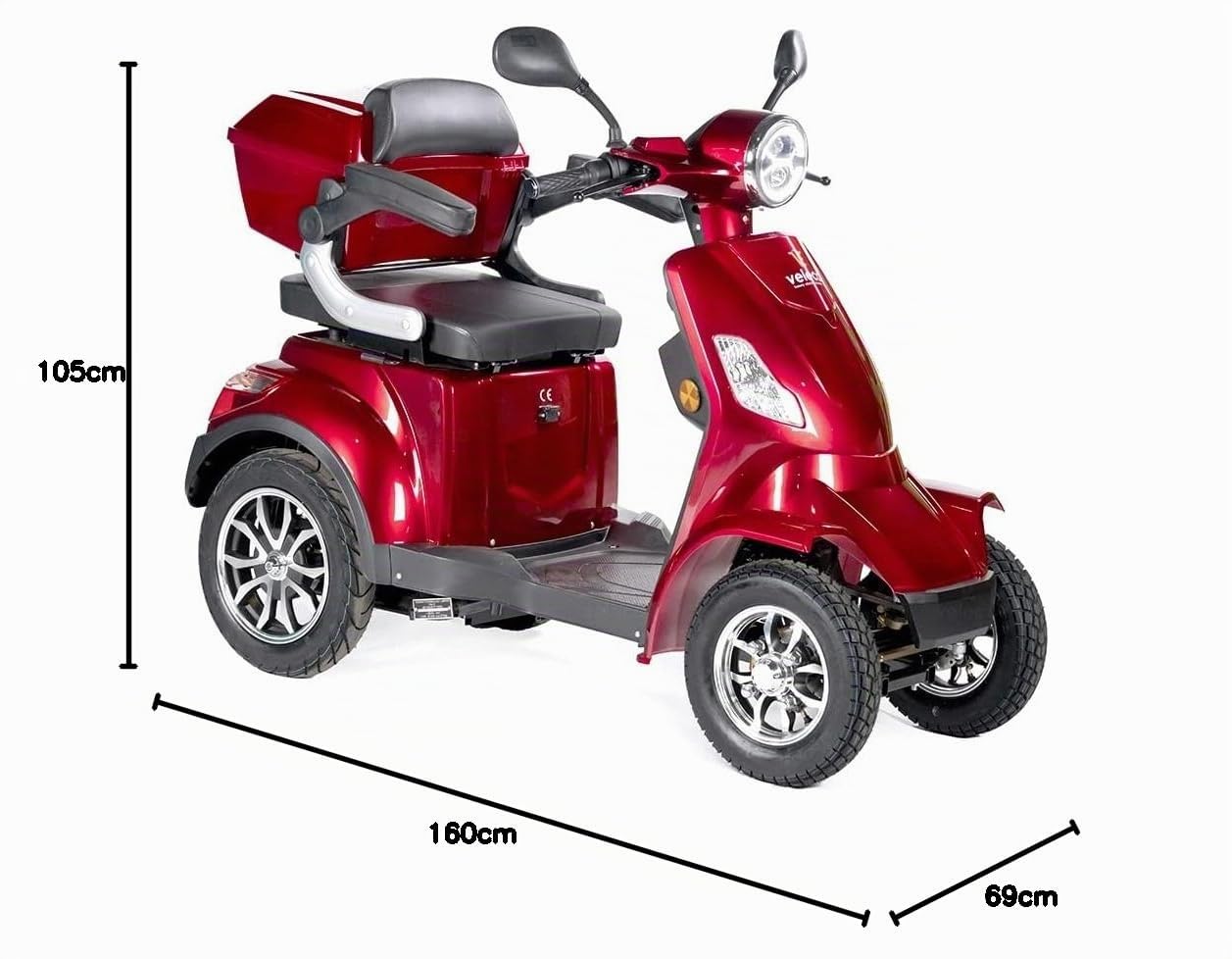 VELECO FASTER LIT-ION - Mobilitätsroller mit 4 Rädern – komplett montiert und fahrbereit – herausnehmbarer Lithium-Ionen-Akku – stabil und sicher – Alarm – geräumiger Stauraum - Vierrad (ROT)