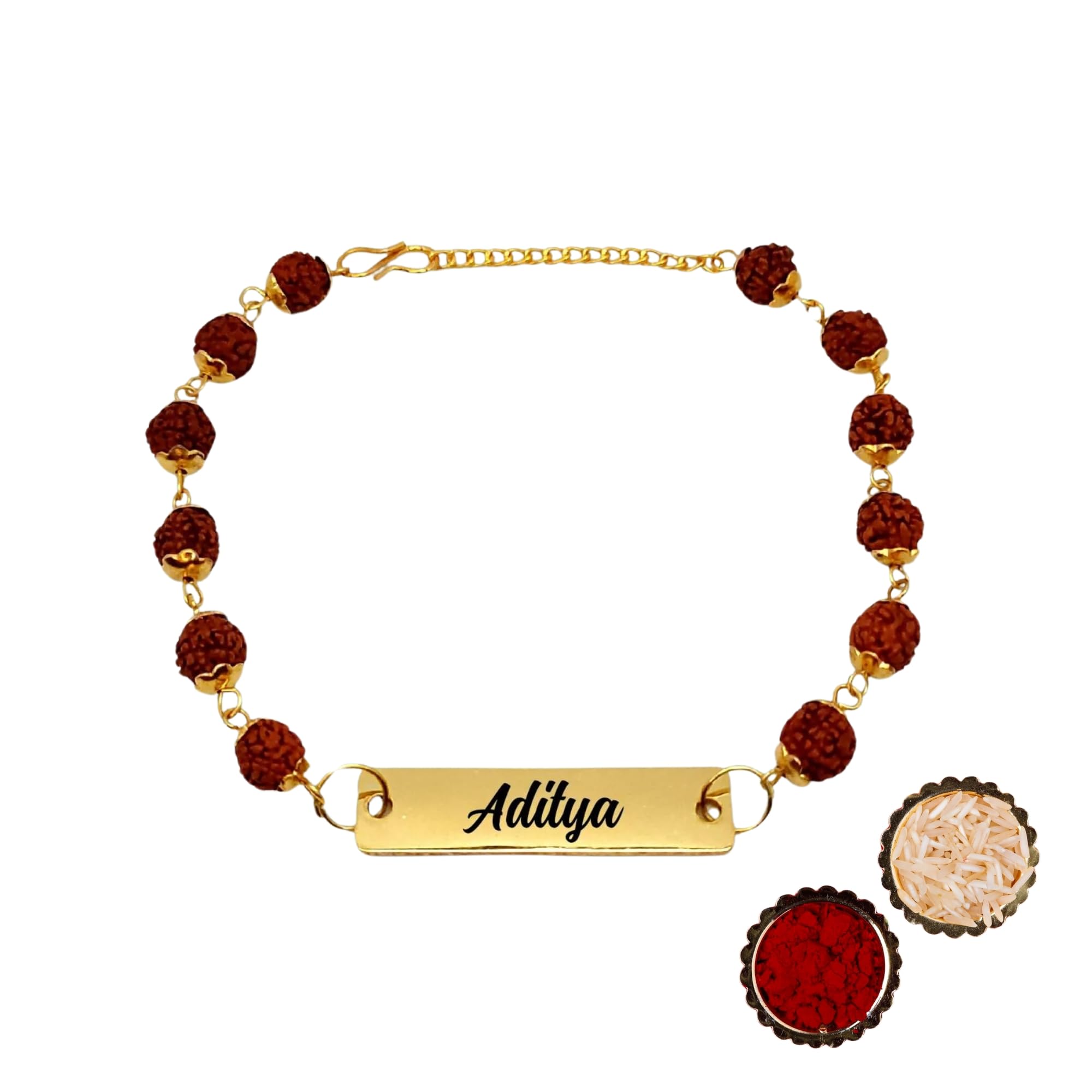 PIJERA Unisex-Adult Personalized Rudraksha Rakhi With Name, Radha Bracelet For Brother, Customized Id Bracelet With Rudraksha Beads, Gold (B0D7PZR238) Amazon Price History, Amazon Price Tracker