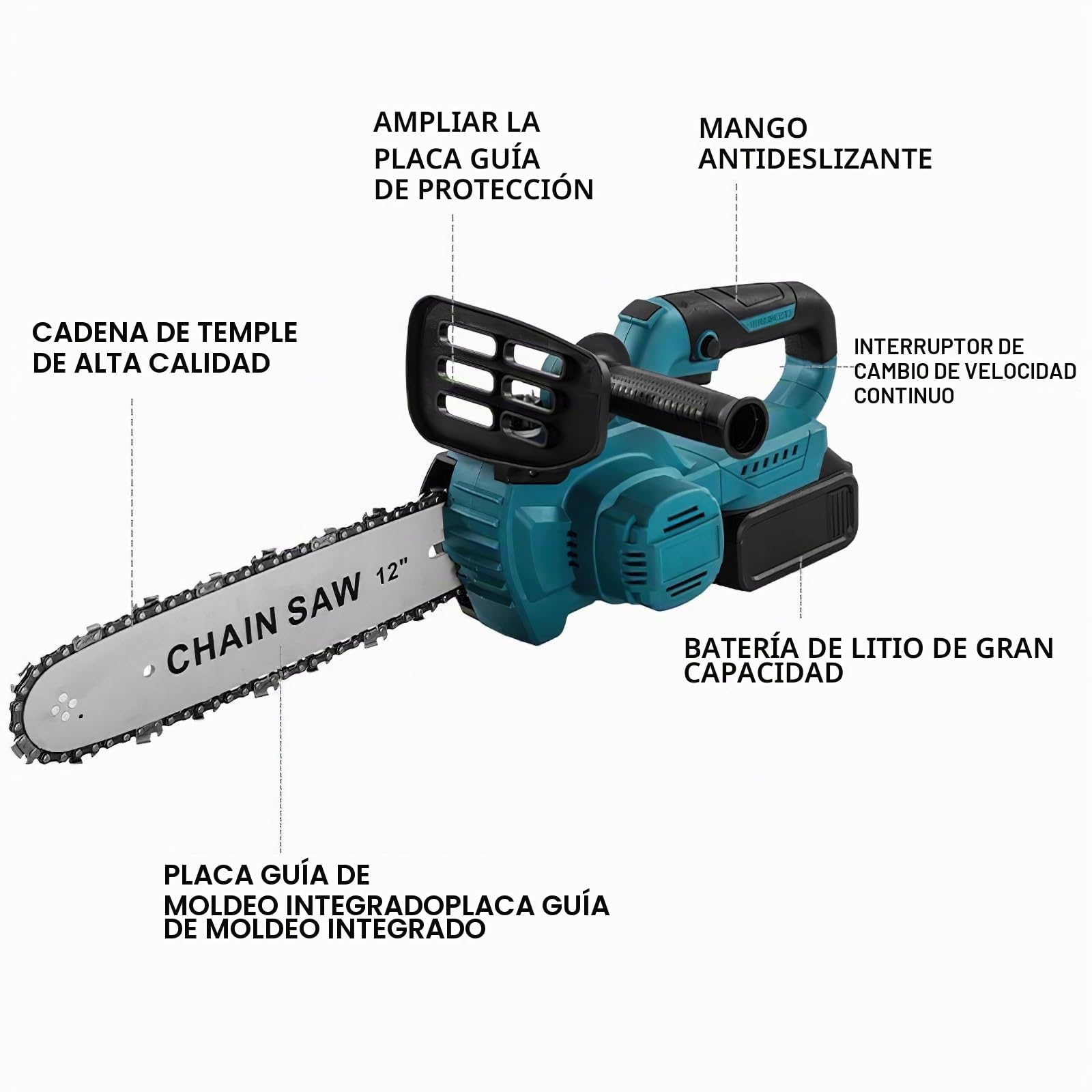 Motosierra Eléctrica 1500W,Motosierra Bateria de 12 Pulgadas con 2 Baterías, Longitud de la Barra de 30 Cm, Velocidad de la Cadena de 10 M/S, con Sistema de Lubricación,para Tala y Poda (Azul) (Azul)