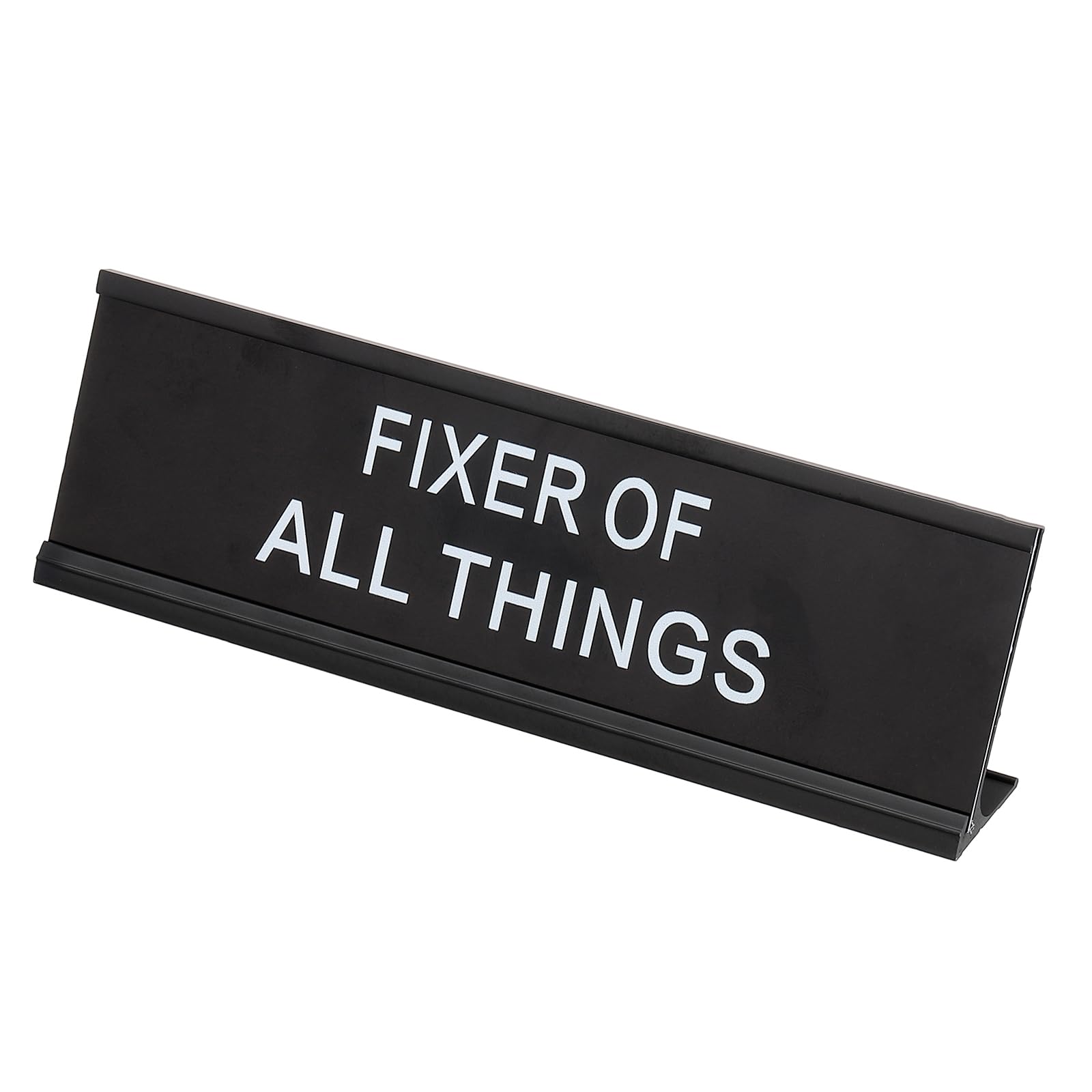 PATIKIL Funny Nameplate, 7"x2" Novelty Desk Sign Plaque Aluminum Desk Name Plate with Base for Office Black White (Fixer Of All Things)
