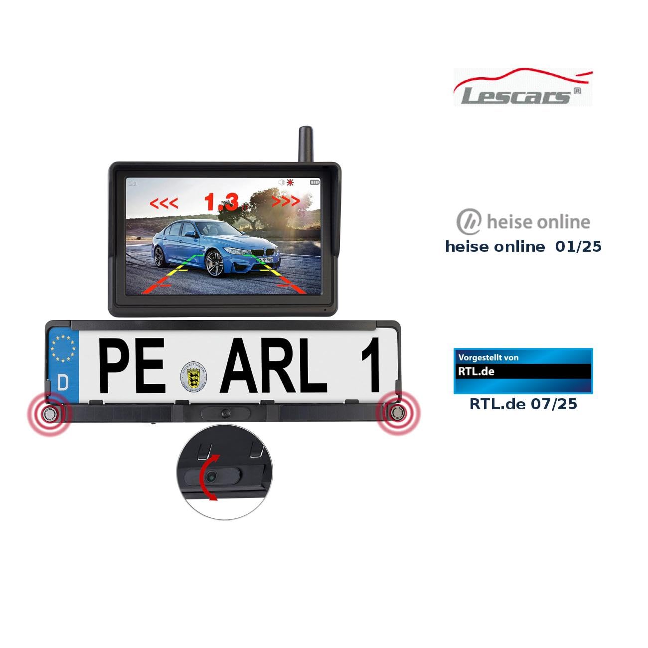 Lescars Rückfahrkamera: Solar-Funk-HD-Rückfahrcam Nummernschildhalter, Monitor, Abstandswarner (Rückfahrkamera nachrüsten, Nummernschild Solar, Auto)
