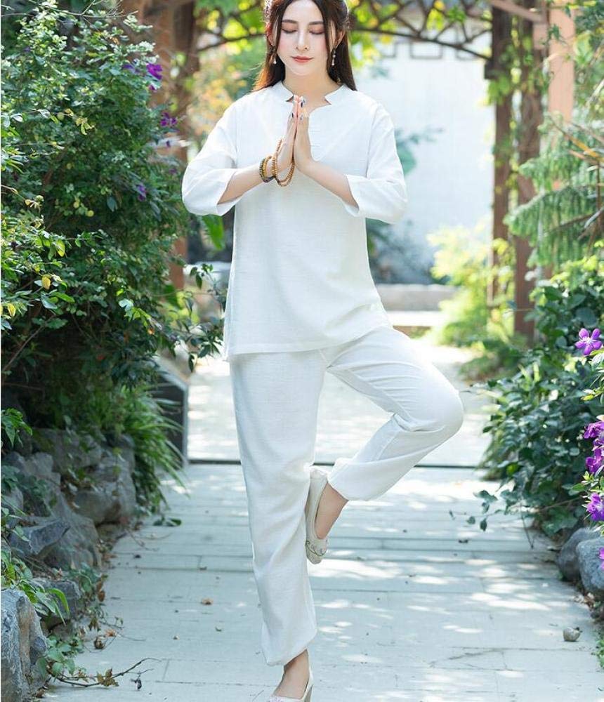 Abbigliamento da Donna per Arti Marziali in Cotone Tai Chi Uniforme Kung Fu Cinese Abbigliamento Wing Chun con Maniche a Tre Quarti,White-XXL