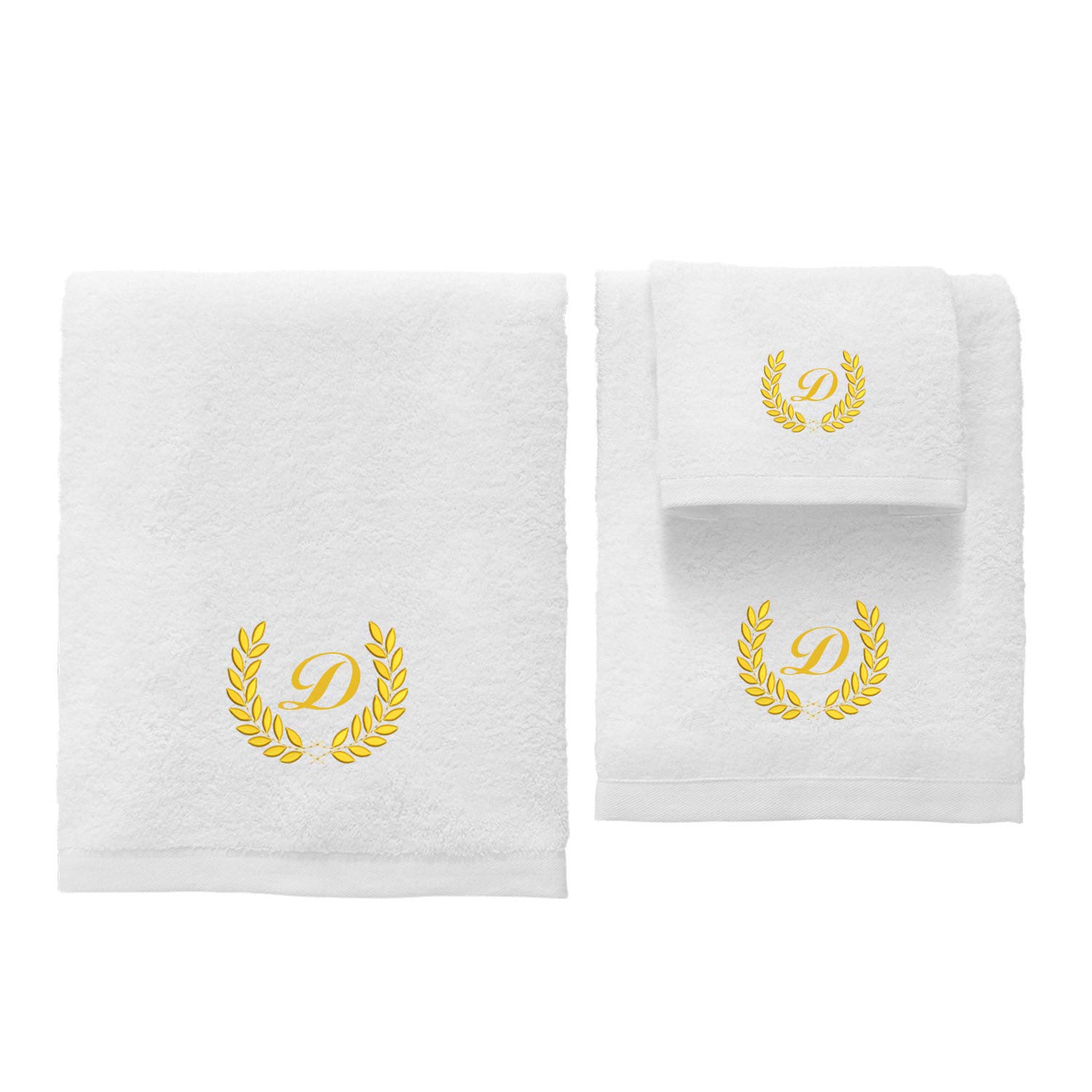 Hotel Edición conjunto de 3 presonalized toallas de color blanco – ref. Hojas de oro – Hoja de baño + toalla de mano + toalla de invitado